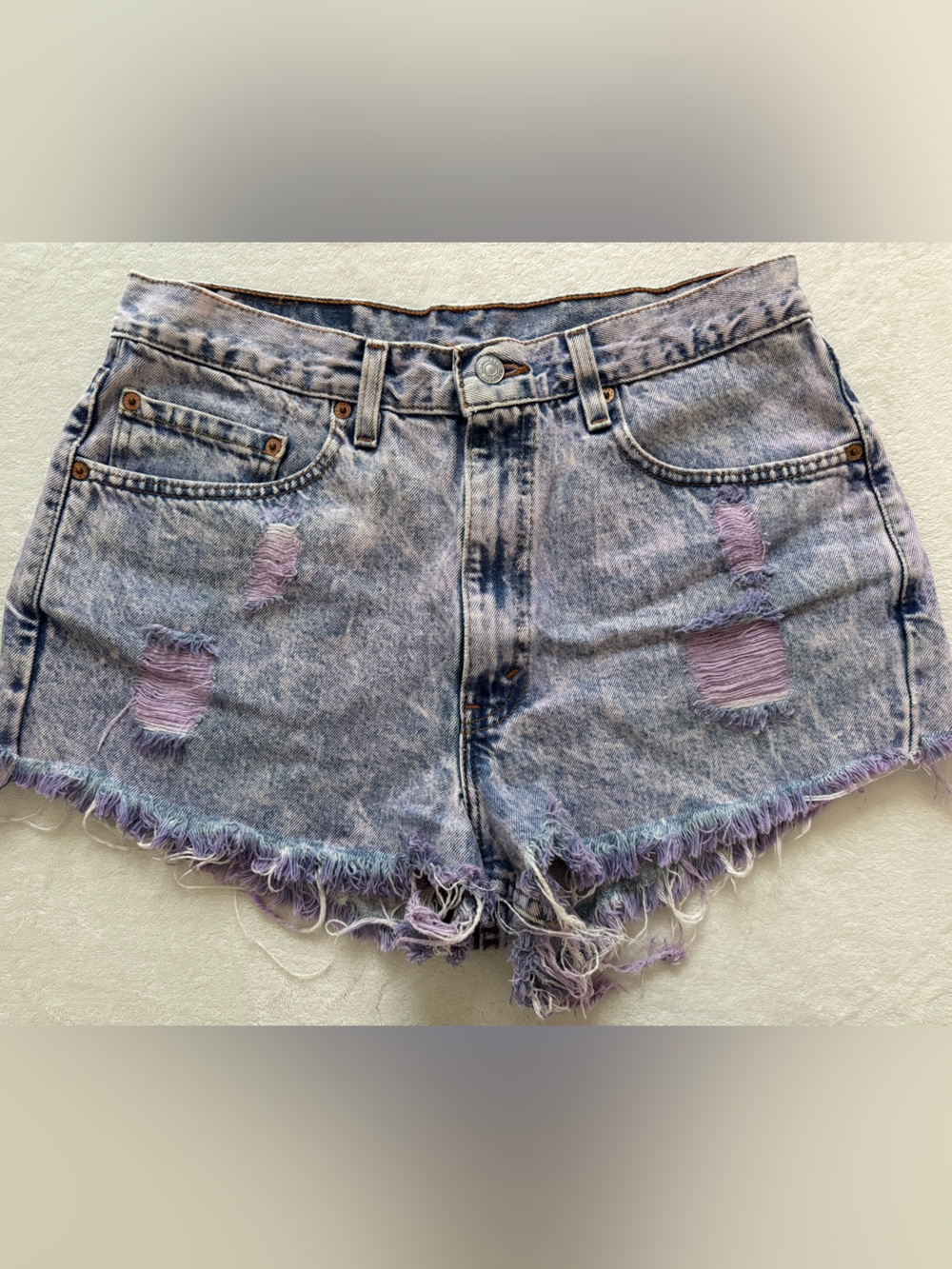 Levi's Light Wash Denim Shorts with Lavender Distress